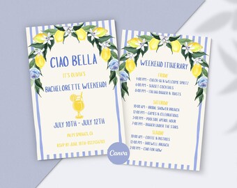 Italienische Bachelorette Einladungsvorlage, Comer See Amalfiküste bearbeitbar Canva Invite, Wochenend-Reiseplan