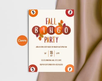 Fall Bingo Night Invitation, Cozy Autumn Party Invite, Friendsgiving Gathering, Editable Canva Template