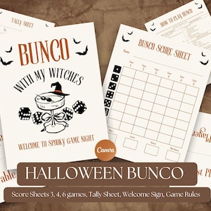 May include: A set of printed Halloween Bunco game materials including a welcome sign with the text Bunco With My Witches, a score sheet, a tally sheet, and game rules. The designs feature black bat illustrations, dice, and a cocktail glass.