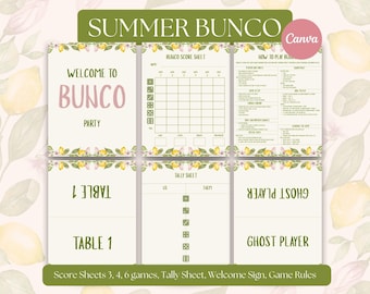 Sommer Bunco Score Sheets zum ausdrucken, Lemon Bunco Party Kit, bearbeitbare Canva Vorlage