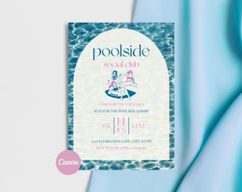 Pool Social Club Einladung, Preppy Sommer Cocktail Pool Party Canva Vorlage