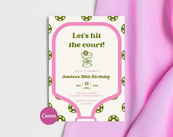 Pink Pickleball Geburtstagseinladung, Adrette Mädchen Party Canva Vorlage