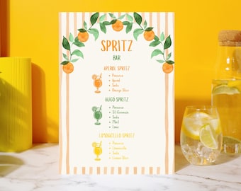 Spritz Bar Menü Vorlage, bearbeitbare Cocktail Station, Canva Party Schild Download