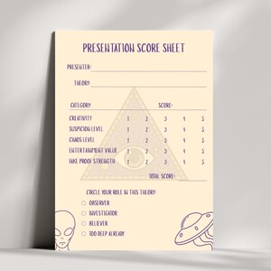 Pu&ograve; includere: Un foglio di valutazione della presentazione beige con testo e illustrazioni viola. Il foglio include sezioni per il presentatore, la teoria e categorie come creativit&agrave; e livello di sospetto. Sono illustrati un alieno e un UFO.