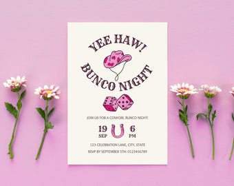 Pink Cowgirl Bunco Invitation, Western Girls Night Editable Canva Template