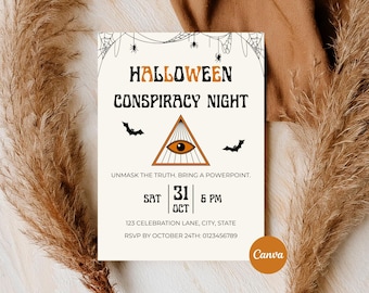 Halloween Conspiracy Theory Party Invitation, Adult Party Invite, Editable Canva