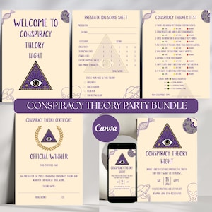 Conspiracy party games bundle preview with invitation, score sheet, thinker test and certificate printable set