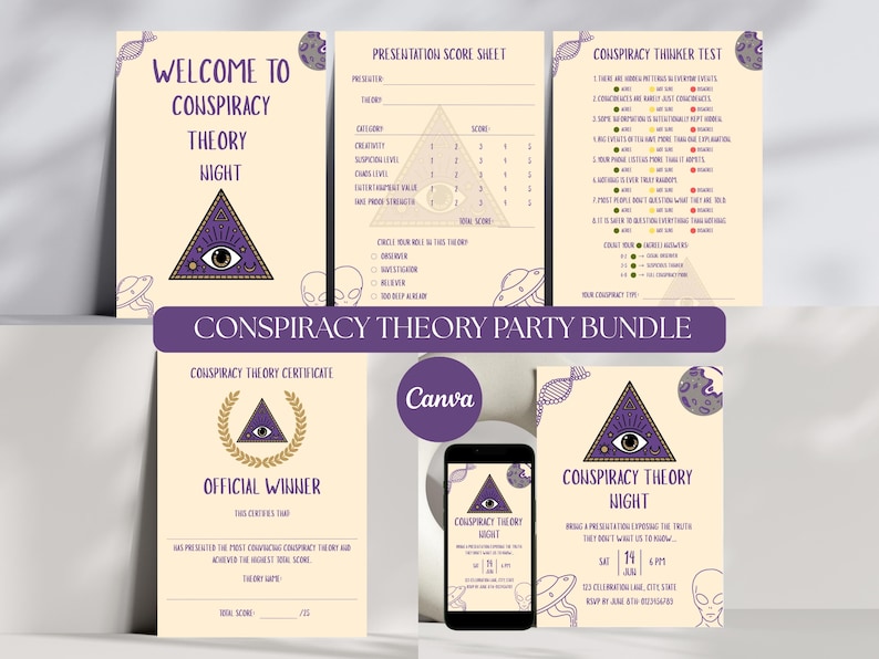 Conspiracy party games bundle preview with invitation, score sheet, thinker test and certificate printable set