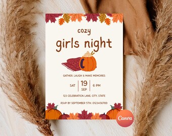Cozy Girls Night Invitation, Fall Game Night Invite, Editable Canva Template