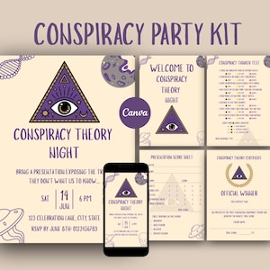 Verschwörungsparty Bundle, Mystery Night Aktivitäten, Power Point einladen, Printable Kit Canva Vorlage