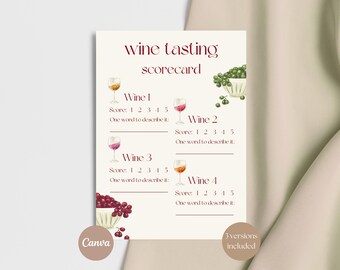 Weinverkostungs-Scorecard, Weinpartyspiel, Bewertungsbogenset, bearbeitbare Canva-Vorlage