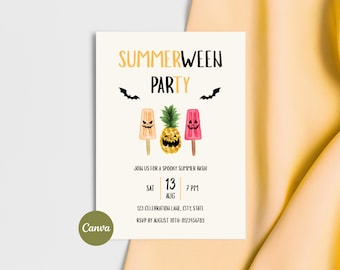 Summerween Invitation, Spooky Summer Party, Halloween Pool Party, Editable Canva Invite