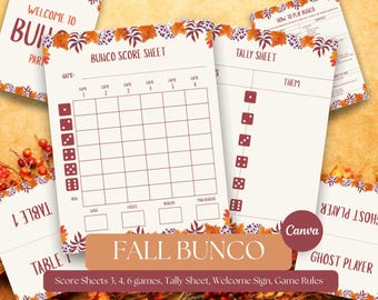 Fall Bunco Bundle, Bunco Score Sheets Printable, Dice Game Party Kit, Editable Canva Templates