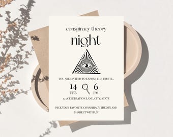 Conspiracy Theory Night Einladung, Illuminati Party Einladen, Top Secret Mystery Party Canva Vorlage