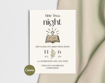 Bible Trivia Invite, Church Game Night, Youth Group Event, Bible Study Canva Template