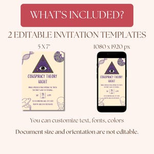 Pu&ograve; includere: Modello di invito digitale per un evento "Conspiracy Theory Night". Il design presenta un occhio onniveggente, una luna e illustrazioni aliene. Il testo include "What's Included?" e "2 Editable Invitation Templates".