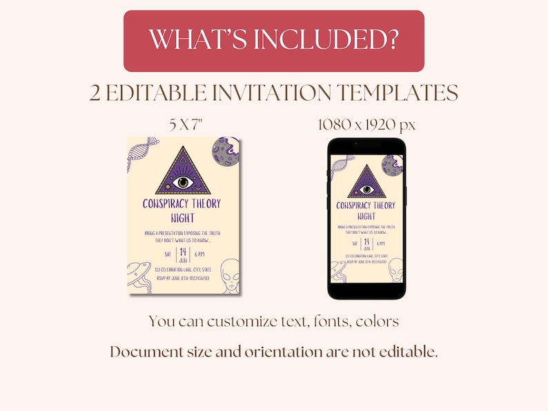 Pu&ograve; includere: Modello di invito digitale per un evento "Conspiracy Theory Night". Il design presenta un occhio onniveggente, una luna e illustrazioni aliene. Il testo include "What's Included?" e "2 Editable Invitation Templates".
