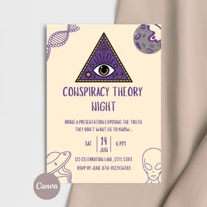 Könnte beinhalten: Eine cremefarbene Einladung mit lila Grafiken und Text. Das Design umfasst eine Pyramide mit einem Auge, einen Planeten, eine DNA-Strähne, ein UFO und einen Alienkopf. Der Text lautet "CONSPIRACY THEORY NIGHT".