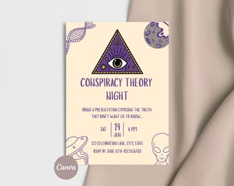 VerschwörungsTheorie Party Einladung, Top Secret Spielabend Canva Vorlage, Digital Download