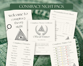 Conspiracy Theory Party Pack, druckbares Spiele-Bundle, Power Point Party Einladung, Checkliste & Scharade