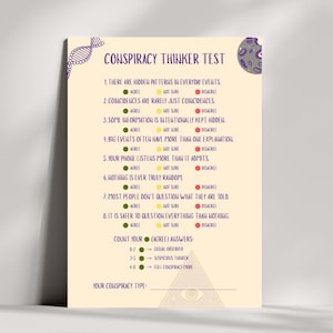 Pu&ograve; includere: Un Test del Pensatore di Cospirazioni su carta color crema. Il test include domande su schemi nascosti e controllo delle informazioni. C'&egrave; un'elica di DNA viola e una grafica di biscotti. Il testo dice "Conta le tue risposte (d'accordo)".