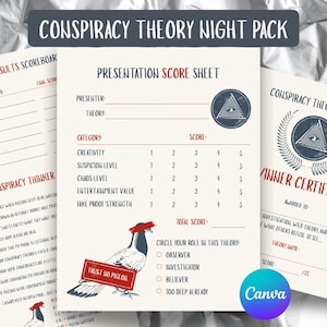 Peut inclure: Un ensemble de feuilles de jeu imprimées intitulées Conspiracy Theory Night Pack, comprenant une fiche de score de présentation, un tableau des résultats finaux, une liste de contrôle et un certificat, avec une icône d'œil dans un triangle.