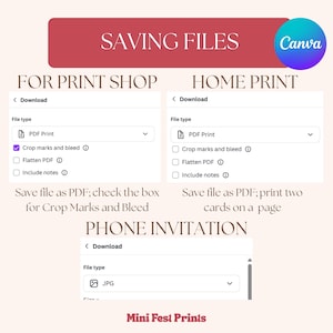 Pu&ograve; includere: Immagine con istruzioni per salvare file da Canva per tipografie, stampa domestica e inviti telefonici. Le opzioni includono PDF Print e JPG, con istruzioni per i segni di taglio e il bleed.