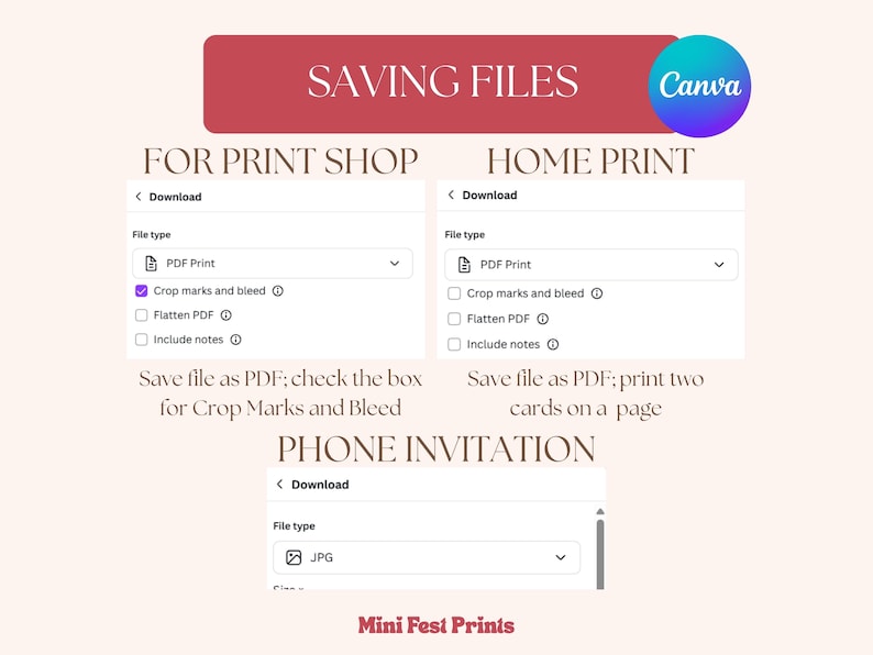 Pu&ograve; includere: Immagine con istruzioni per salvare file da Canva per tipografie, stampa domestica e inviti telefonici. Le opzioni includono PDF Print e JPG, con istruzioni per i segni di taglio e il bleed.