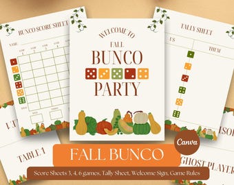 Pumpkin Bunco Party Bundle, Fall Girls Night Games, Autumn Party Kit, Editable Canva Templates