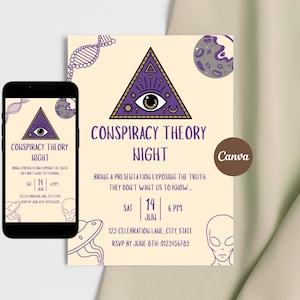 Editable conspiracy theory invitation template with all seeing eye pyramid design, Canva party invite