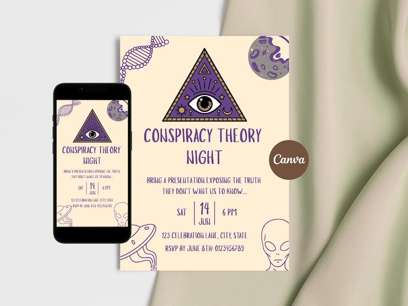Editable conspiracy theory invitation template with all seeing eye pyramid design, Canva party invite