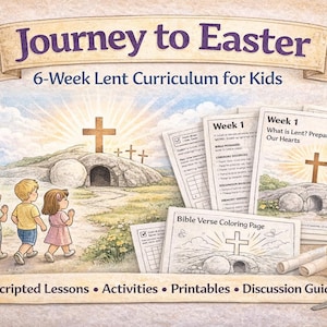 Peut inclure: Illustration de "Journey to Easter", un programme de 6 semaines pour les enfants. L'image montre des enfants marchant vers une croix et un tombeau, avec des pages de leçons, des crayons et des ciseaux.