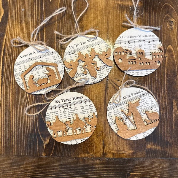 Christmas Nativity ornaments- music sheet ornaments - holiday ornaments - Christmas decorations- Nativity - wooden Christmas ornaments