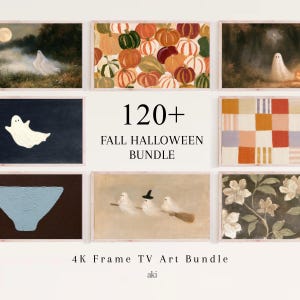 May include: A digital collection of 120+ fall and Halloween themed artworks for a frame TV. The display features various paintings including ghosts in landscapes, a pumpkin pattern, a checkered quilt design, and floral motifs with text 120+ FALL HALLOWEEN BUNDLE.