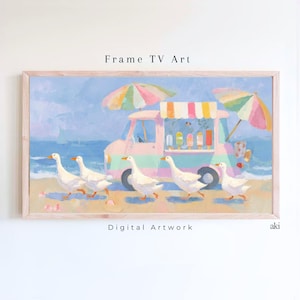 May include: A framed digital artwork shows a beach scene with a pastel ice cream van, colourful parasols, and a line of white geese walking on the sand. The text "Frame TV Art" and "Digital Artwork" are visible.