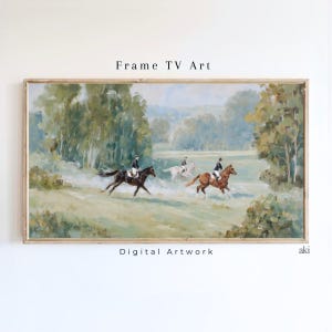 May include: A rectangular landscape painting titled Frame TV Art Digital Artwork featuring three equestrians riding horses across a grassy field surrounded by trees. The scene includes a black horse, a white horse, and a brown horse with riders in traditional attire, rendered in a soft, painterly style with muted green and blue tones.