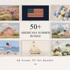 May include: A collection of framed art prints with an Americana theme. The prints feature images of American flags, barns, sailboats, and floral arrangements. The text "50+ Americana Summer Bundle" and "4K Frame TV Art Bundle" are displayed.