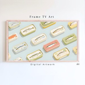May include: A framed digital artwork featuring a repeating pattern of vintage sardine tins in various colors, including green, pink, and yellow, against a light blue background. The text "Frame TV Art" and "Digital Artwork" are visible.
