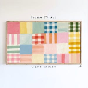 May include: A rectangular digital artwork for a Frame TV featuring a grid of colorful squares and rectangles. The pattern includes various shades of pink, yellow, blue, green, and orange, with some sections displaying gingham or striped textures.