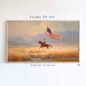 Patriotisk cowboy-ram-TV-konst | Western Americana hästlandskapsdekor | Rustik amerikansk flagga-väggkonst (digital nedladdning)
