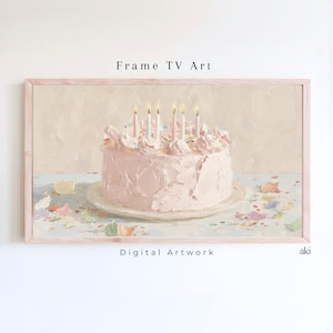May include: A framed digital artwork featuring a pink frosted cake with six lit candles. The cake sits on a white plate, surrounded by colorful confetti. The artwork is labeled "Frame TV Art" and "Digital Artwork".