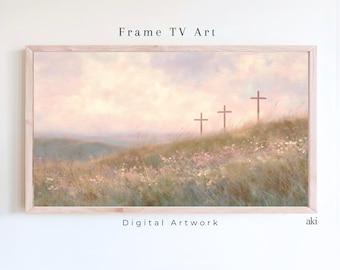 Pasen kruis frame tv-kunst ㅣchristelijk landschapsschilderij vintage pastel lente weide religieuze He Is Risen (digitale download)