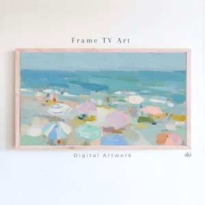 May include: A framed digital artwork depicting a beach scene with pastel colors. The artwork features a light blue ocean, a sandy beach, and several colorful beach umbrellas. The text "Frame TV Art" and "Digital Artwork" are visible.