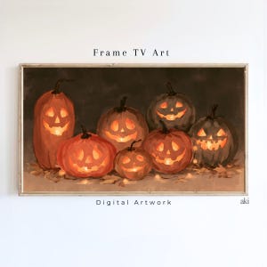 Grafika telewizyjna z ramką Jack O'Lantern | Świecące dynie na Halloween, przytulny, upiorny wystrój, jesienna grafika w stylu vintage (do pobrania w wersji cyfrowej)