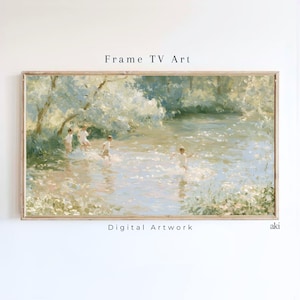 May include: A rectangular digital artwork titled Frame TV Art featuring an impressionistic painting of four figures wading through a sunlit river surrounded by lush green trees and white flowers. The scene is rendered in soft pastel tones of green, blue, and white.