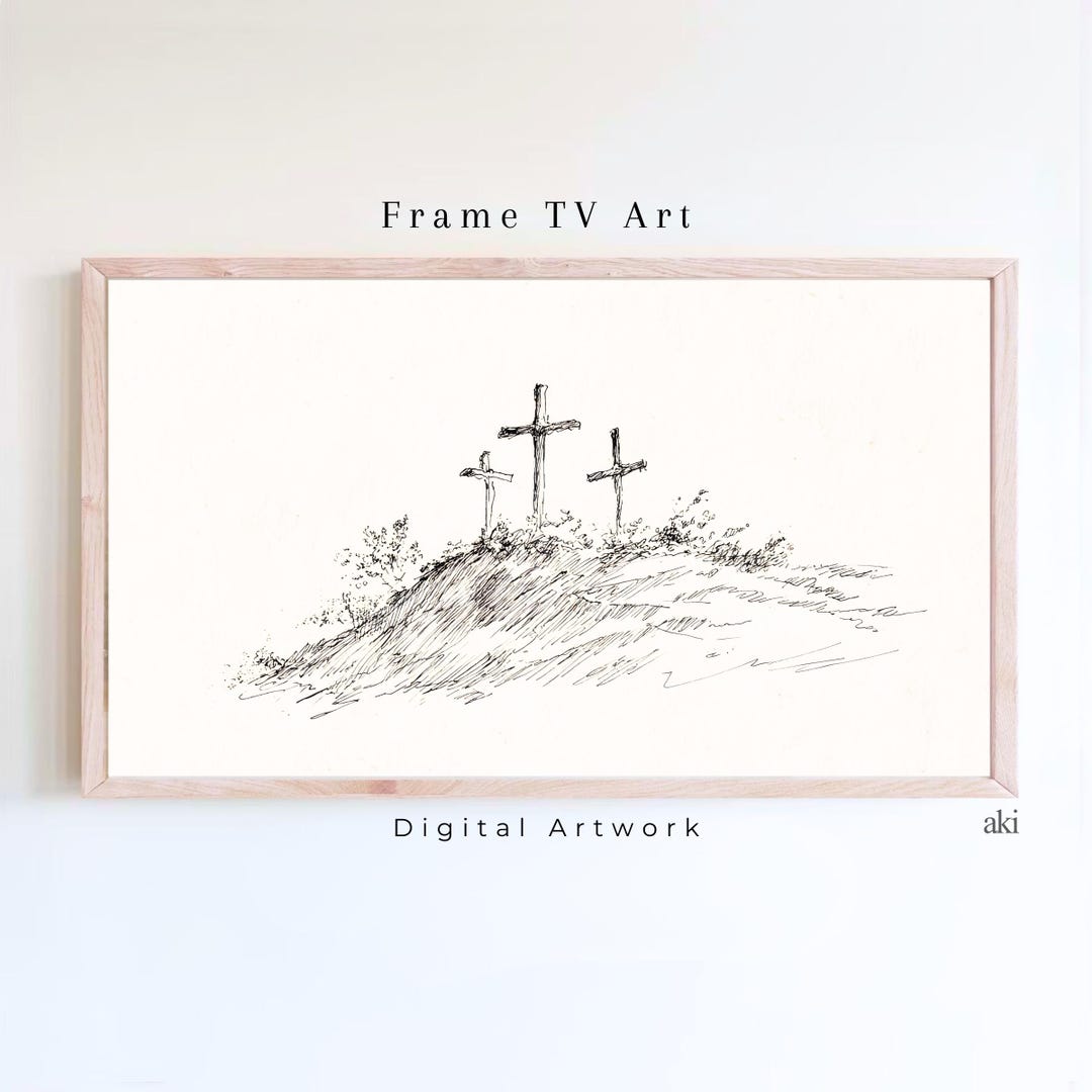 Three Crosses on Hill Frame TV Art L Calvary Cross Christian Wall Art ...