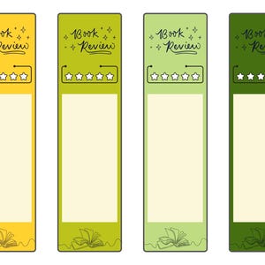 Puede incluir: Cuatro marcadores coloridos con el texto "Book Review" y un gráfico de calificación por estrellas. Los marcadores son en tonos de amarillo, verde y verde oliva. Cada marcador tiene un dibujo de un libro abierto en la parte inferior.