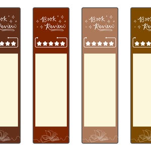 Puede incluir: Cuatro marcapáginas rectangulares en tonos marrones. Cada marcapáginas presenta el texto "Book Review" con valoraciones por estrellas y una ilustración de libro. Los marcapáginas tienen un centro crema para notas.