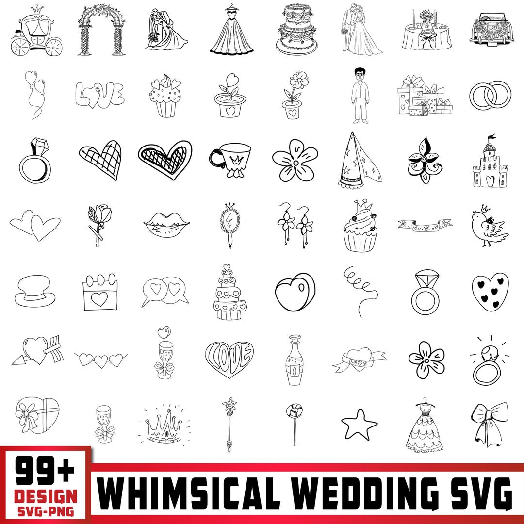 Whimsical Wedding SVG Clipart Bundle, Hand-drawn Illustrations (digital ...