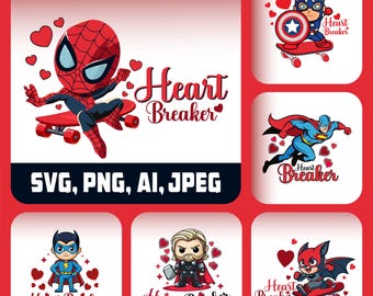 Valentine Superhero Svg Png Bundle | Cartoon Hero Love Graphics | Kids Valentine Printable, Superhero Valentine Clipart, Kids Cartoon Design